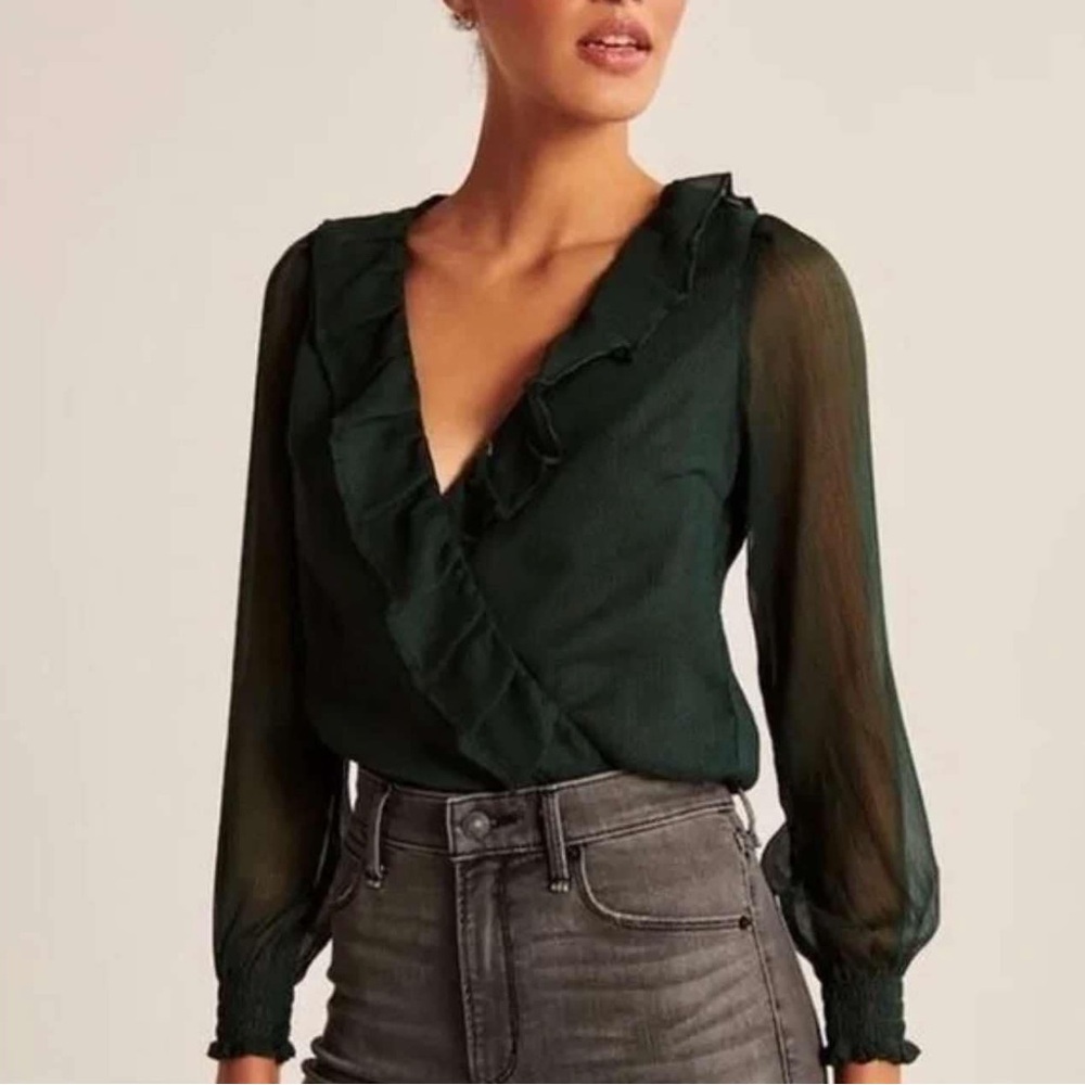 Abercrombie & Fitch Green Black Polka Dot Chiffon Ruffled Bodysuit sz: S